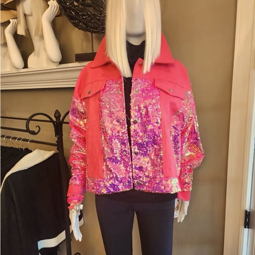 Azalea wang limited edition pink sequin and denim jacket SO rate
